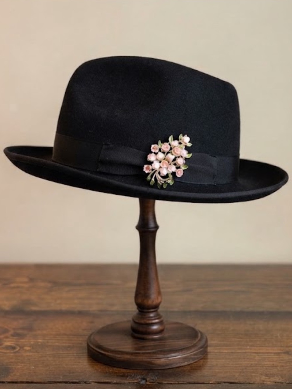 Vintage Supercraft Black Wool Fedora Hat with Removable Pink Floral Brooch
